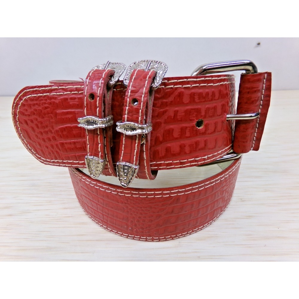 Woman's Red Crocodile Embossed Leather Belt w Double Silver Buckles XL #‎ 48385